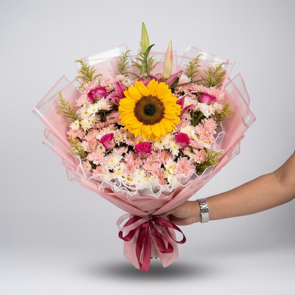 Buket Matahari Mawar Pink